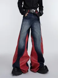 2024 Ropa Y2K Streetwear Rosso Pu Pelle Patchwork Baggy Jeans Pantaloni Per Gli Uomini Abiti firmati Kanye Gamba larga Pantaloni in denim allentato