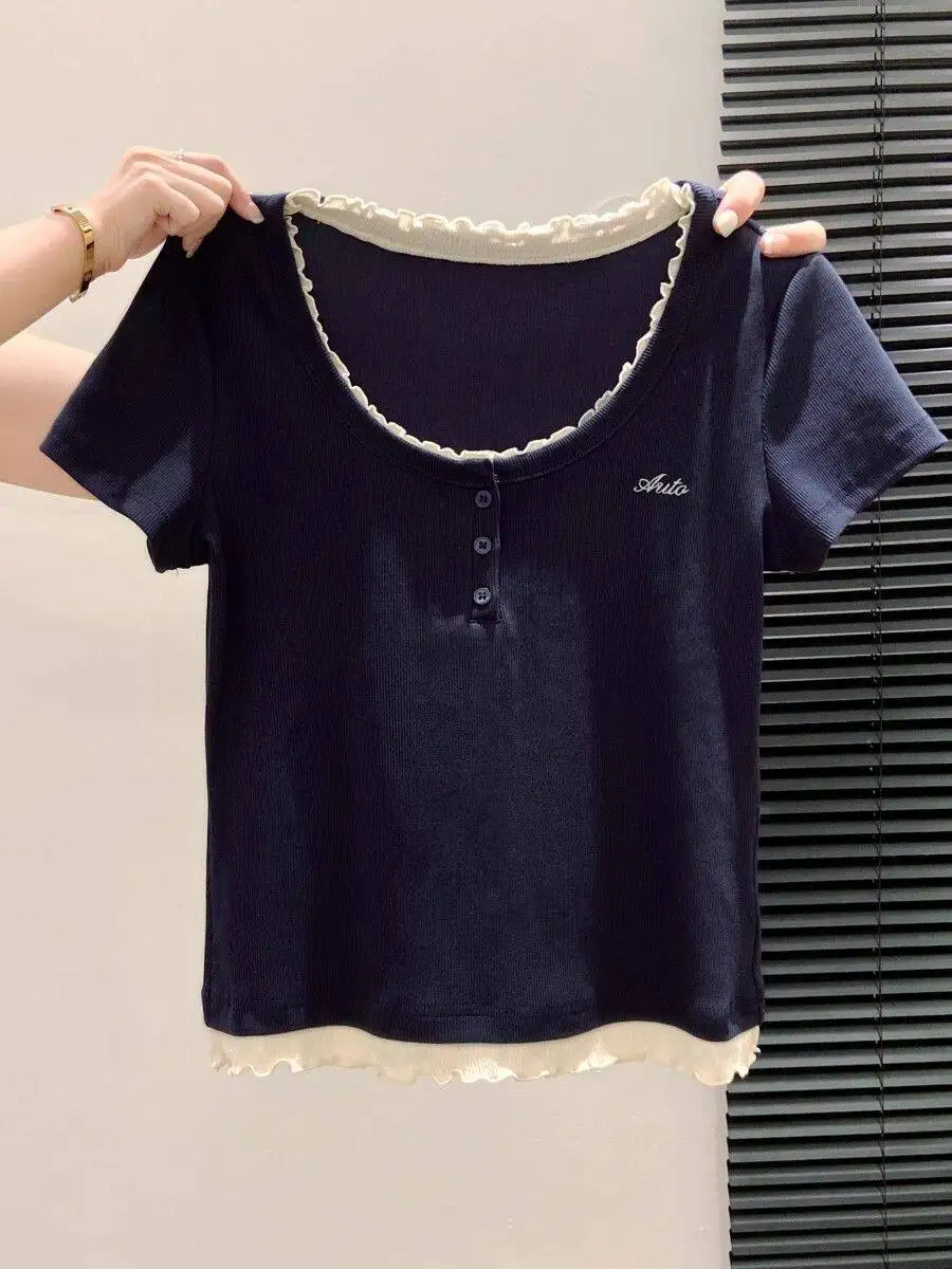 Sweet And Salty Girl's Chic Short Sleeve U-neck T-shirt Embroidered Anti-wrinkle Summer Top for Students And Young Ladies