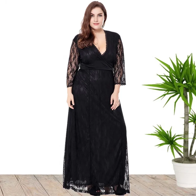 

2022 Long Sleeve V Neck Plus Size Maxi Lace Party Evening Dress For Women