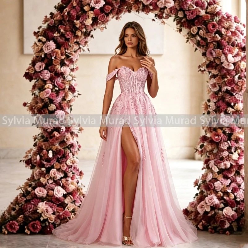 Gorgeous Long Evening Dress A Line Side Split Appliques Off Shoulder Customized Tulle Prom Dresses For Women