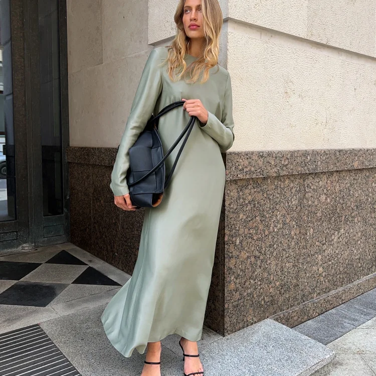 Outono inverno nova feminina cetim drapeado saia longa moda cor sólida manga comprida vestido solto diário combinando deslocamento wear