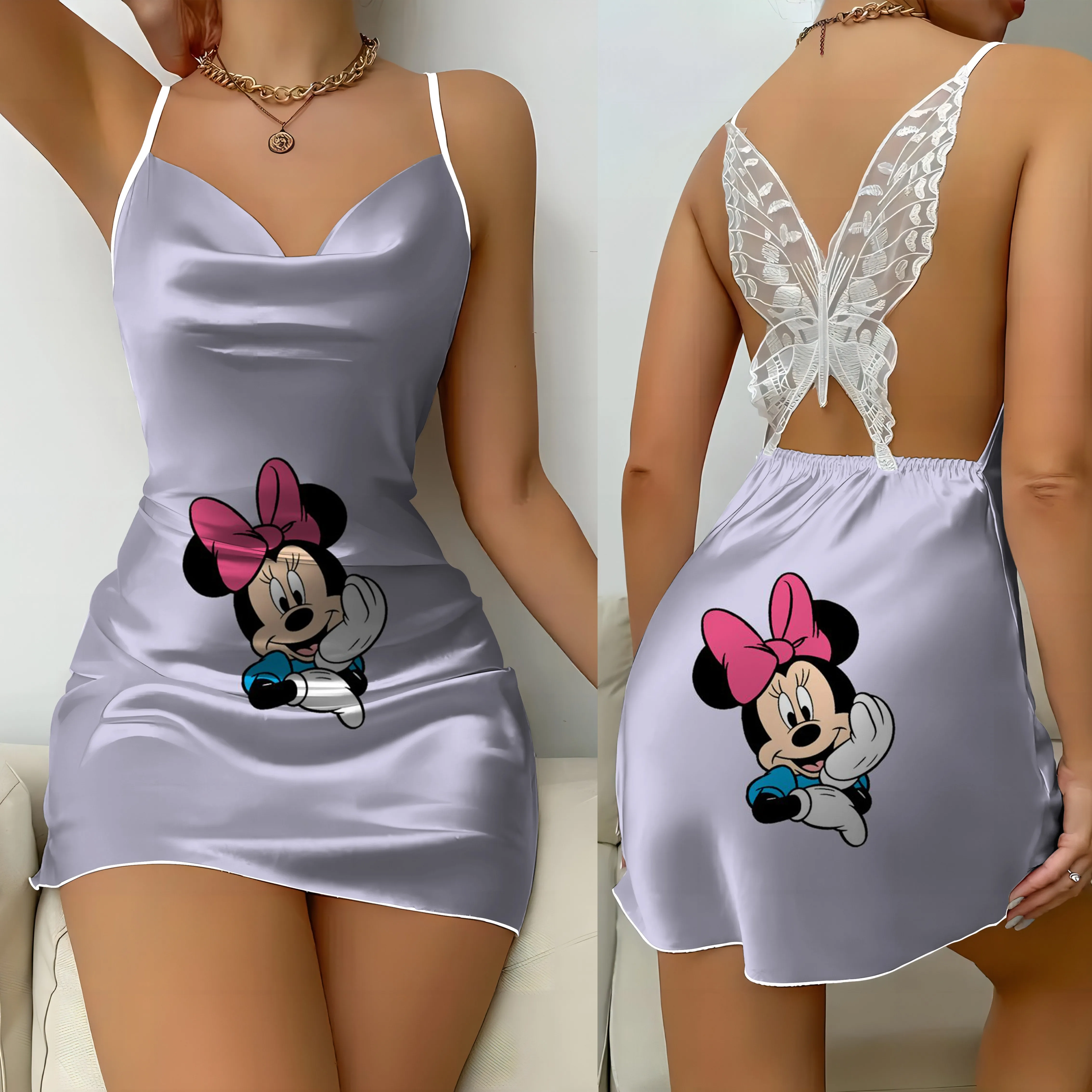 Vestido pijama sem costas com nó arco para mulheres, Minnie Mouse, Minnie, vestidos de festa, Mickey, moda Disney, mini saia sexy, verão 2024