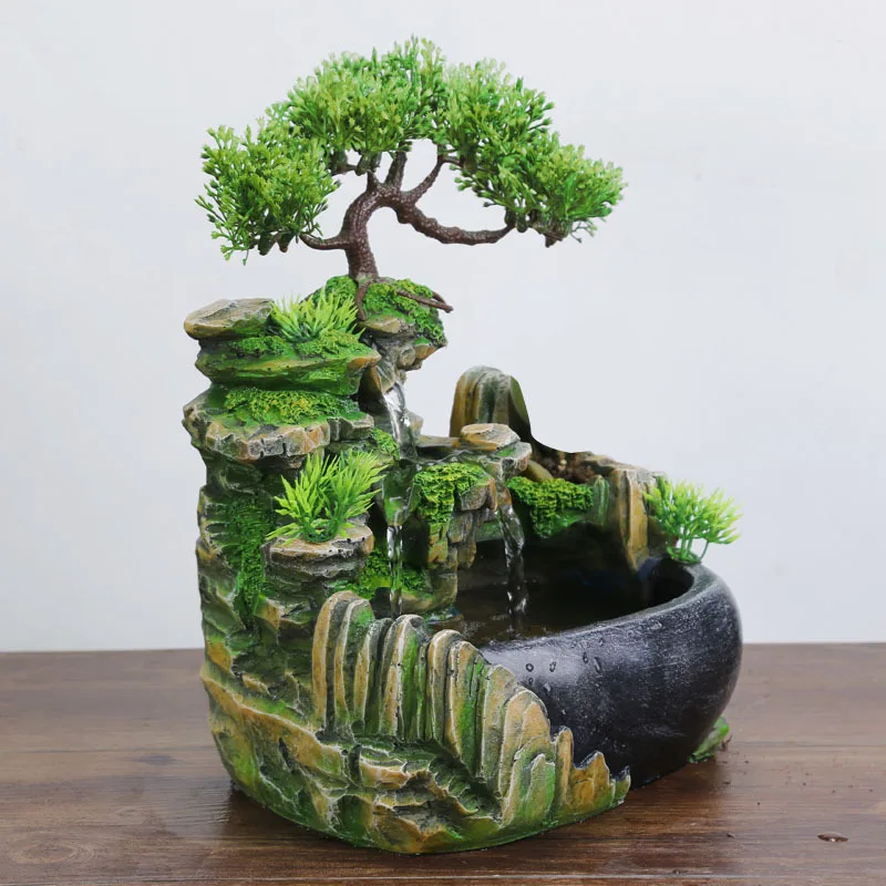 Fuente de agua Feng Shui para interiores, simulación de rocalla de resina, paisaje acuático, artesanías de decoración de escritorio para el hogar, enchufe europeo