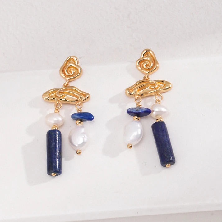 

925 Sterling Silver Plated with 18K Gold Earrings, with Natural Baroque Pearls and Lapis Lazuli, Retro Roman Style