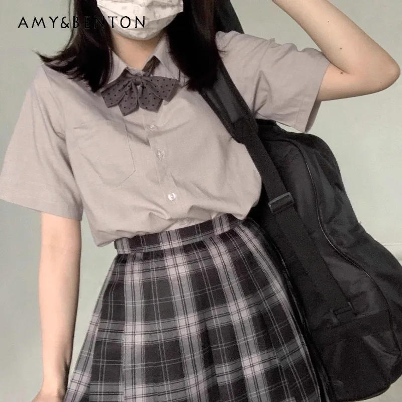 

2024 New Japanese JK Uniform College Style Lapel Summer Dark Short Sleeve Pocket Fashion and Versatile Tops For Girls