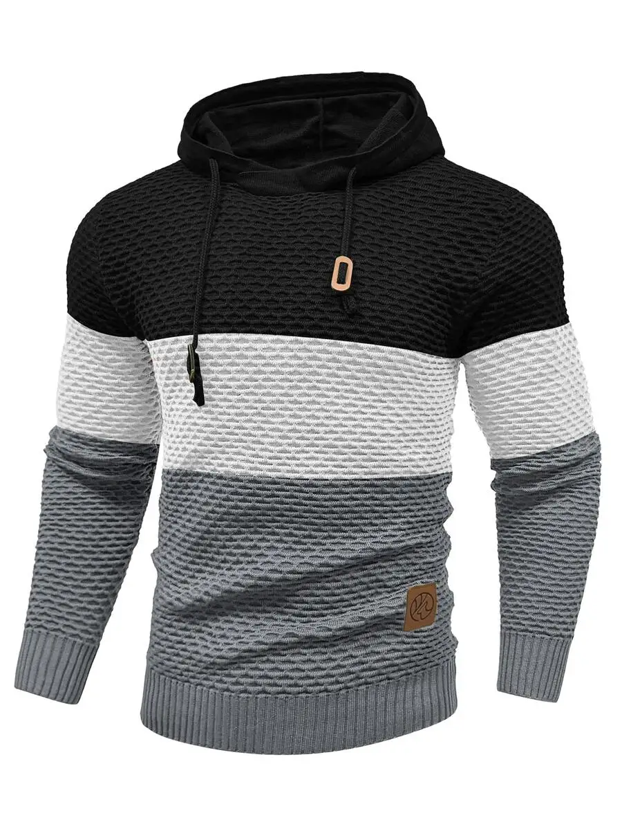 

Men's Color Block Knit Hooded Sweater with Drawstring, Long Sleeve Casual Top for Fall Winter