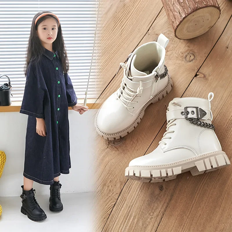 Children Boots Soft-soled Girls Tide Boots Autumn and Winter Warm British Style Boys Leather Boots Student Metal Chain Hot New