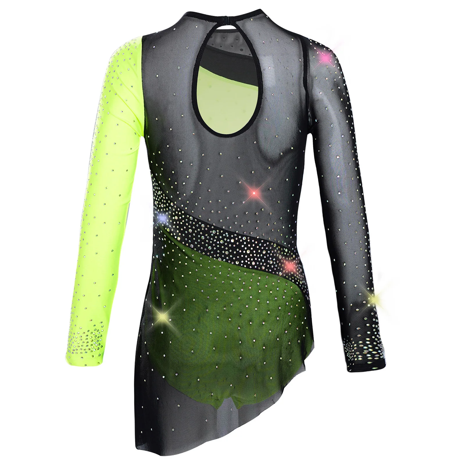 Kids Girls Rhythmic Gymnastics Costume Long Sleeve Sheer Mesh Patchwork Sparkly Rhinestones Leotards Dress Ice Skating Dancewear