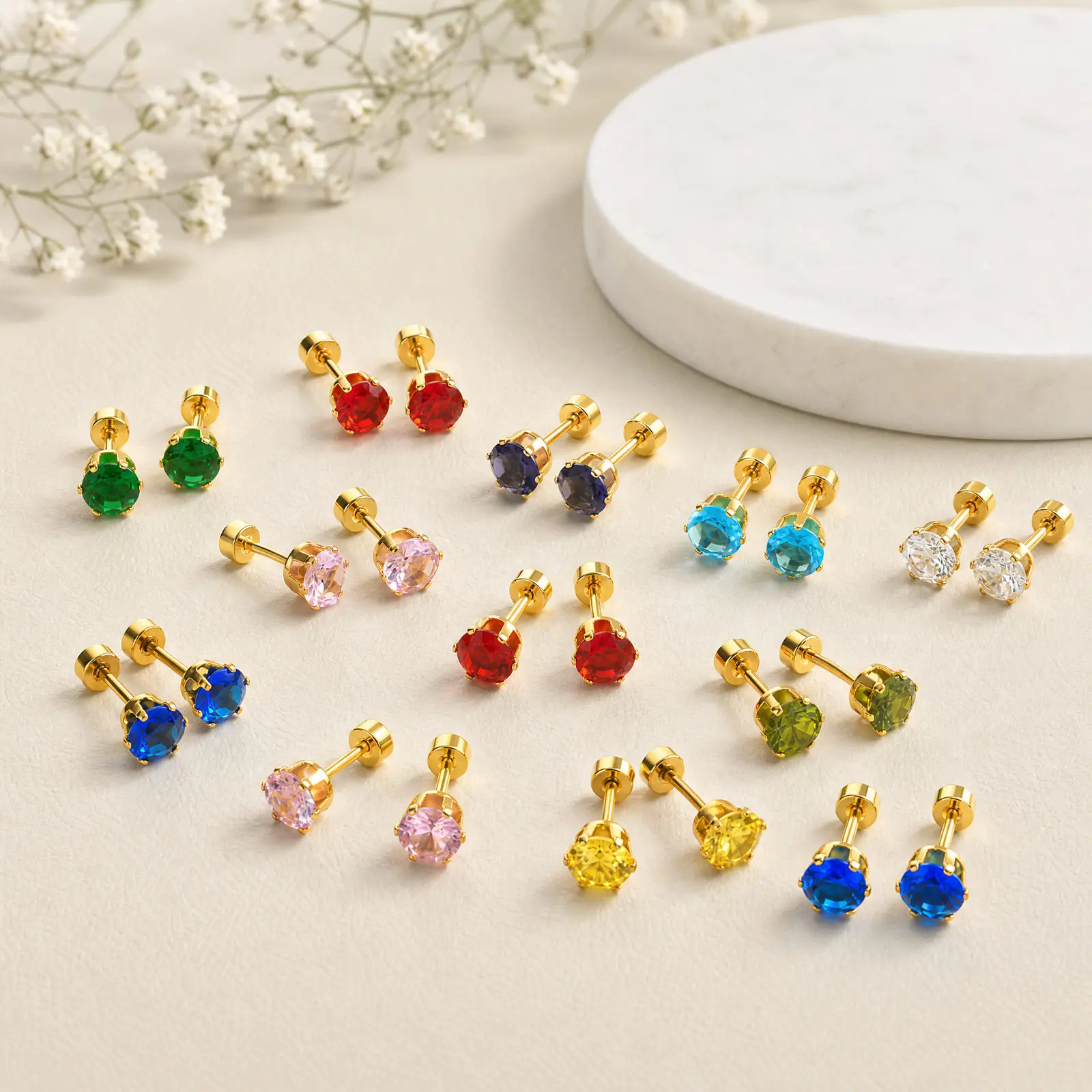 Vnox Gold Plated Colorful Cubic Zirconia Stud Earring for Women Stainless Steel Birthstone Earrings Statement Jewelry No Allergy