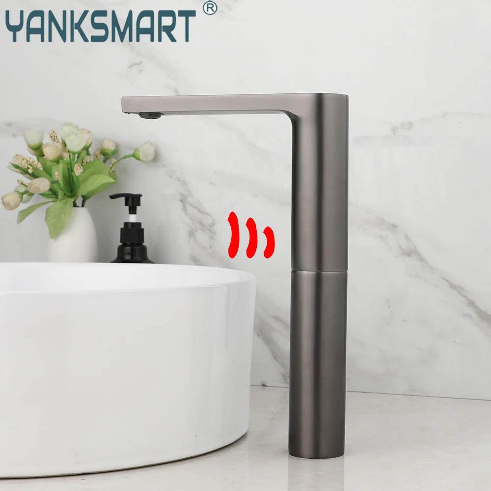 

YANKSMART Gun Grey Brushed Bathroom Sense Faucet Single Hole Tap Automatic Sensor Faucets Inductive Basin Sink Mixer Water Taps