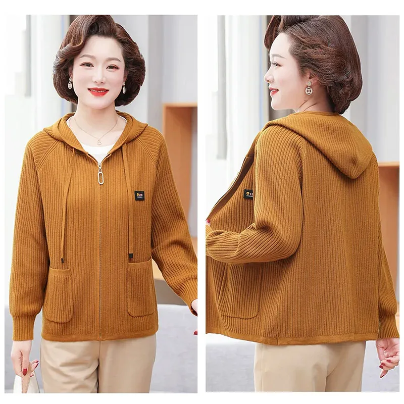 2023 New Mom Spring Autumn Fashion Foreign Style Coat 40 Year Old 50 Middle Aged and Elderly Women\'s Leisure Top Hooded Cardigan