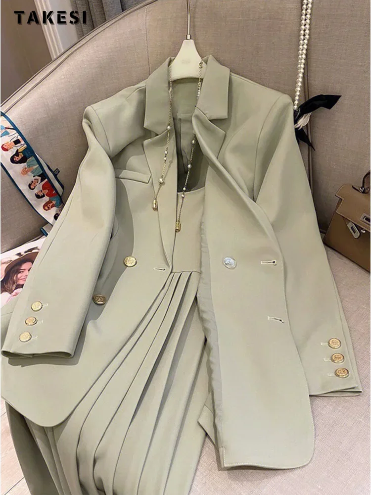 2023 Summer Korean Office Lady 2 Piece Set Women Long Sleeve Loose Blazer Top + Suspender Dresses Elegant Two Piece Dress Set