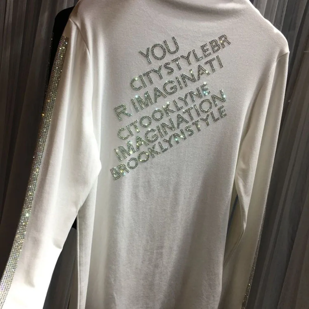 Fashion Diamonds Letter Turtleneck T-Shirt Female Clothing 2023 Autumn Winter Casual Oversize Pullovers Commuter Tee Shirt 4XL