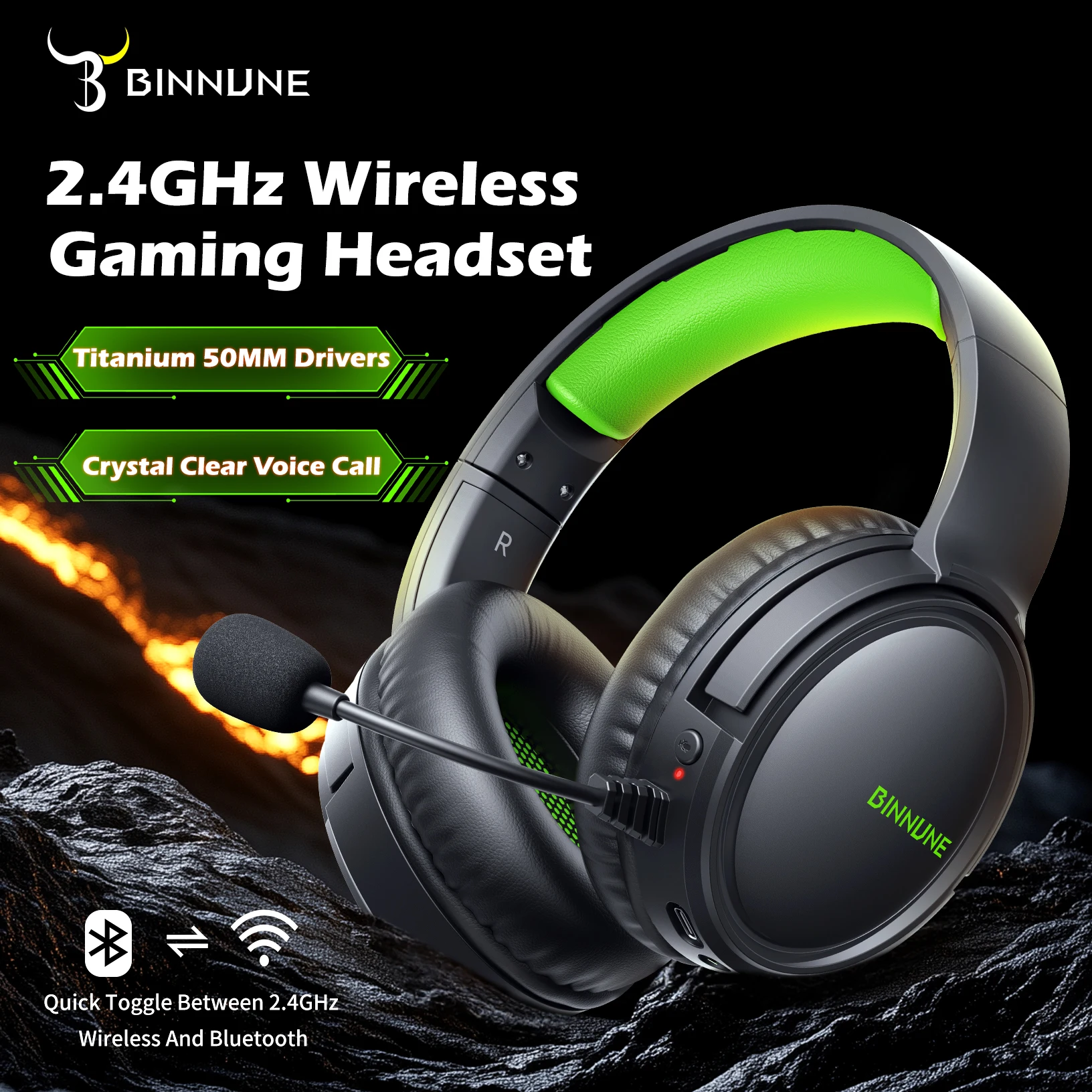 BINNUNE 2.4GHz Wireless Gaming Headphones BW02 with Flip Mic Bluetooth Headsets Gamer for Ps5/4,PC,Mac,Laptop,Computer