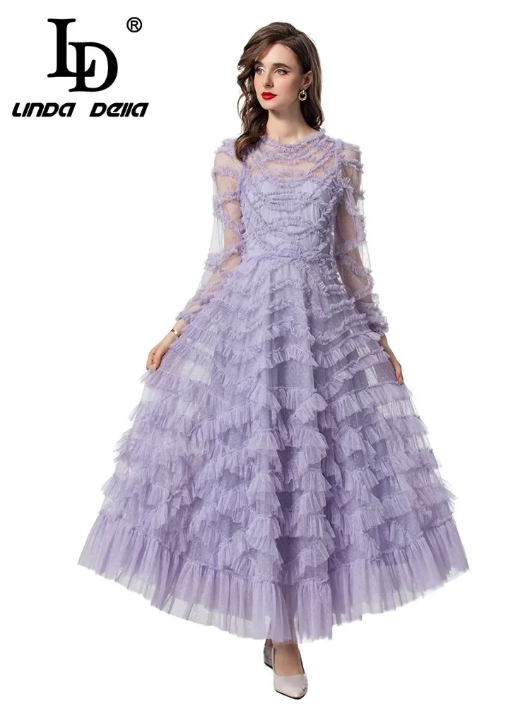 LD LINDA DELLA Fashion Designer Summer Dress Women's Temperament Net Yarn Polka Dot Print Cascading Ruffle Elegant Dresses