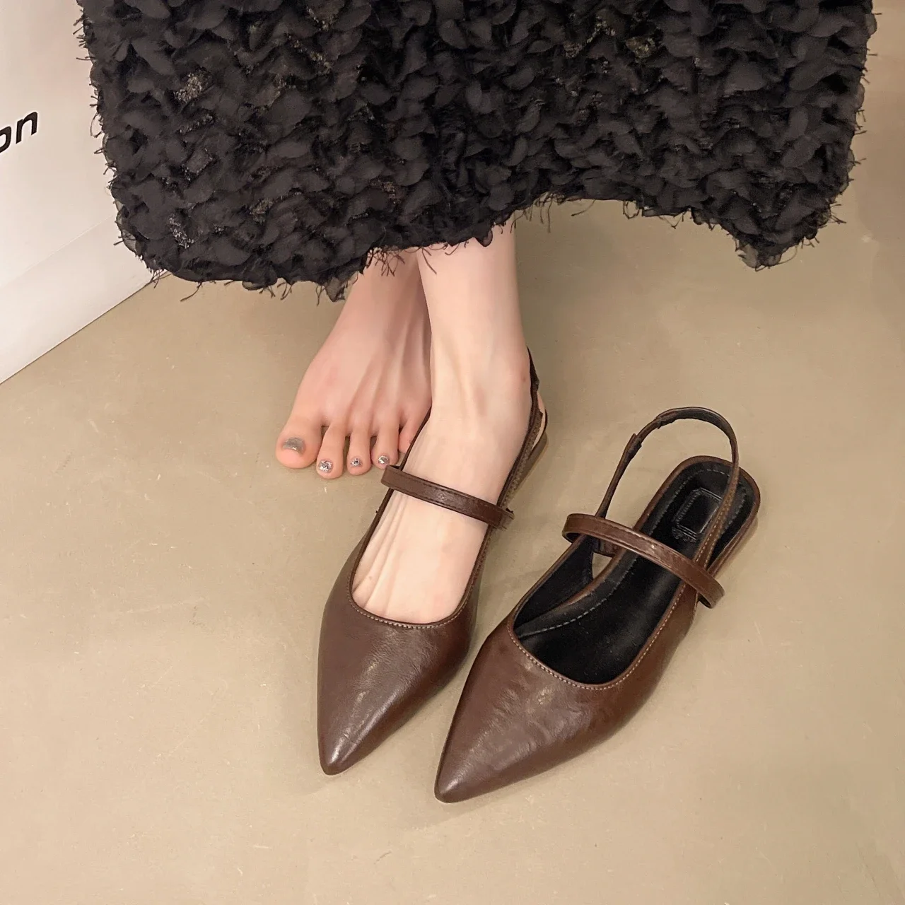 New Women Baotou Patent Leather One Line Buckle Strap Cat Heel Sandals Female Sexy Black Silk Pointed Thin Heel Flat Shoes