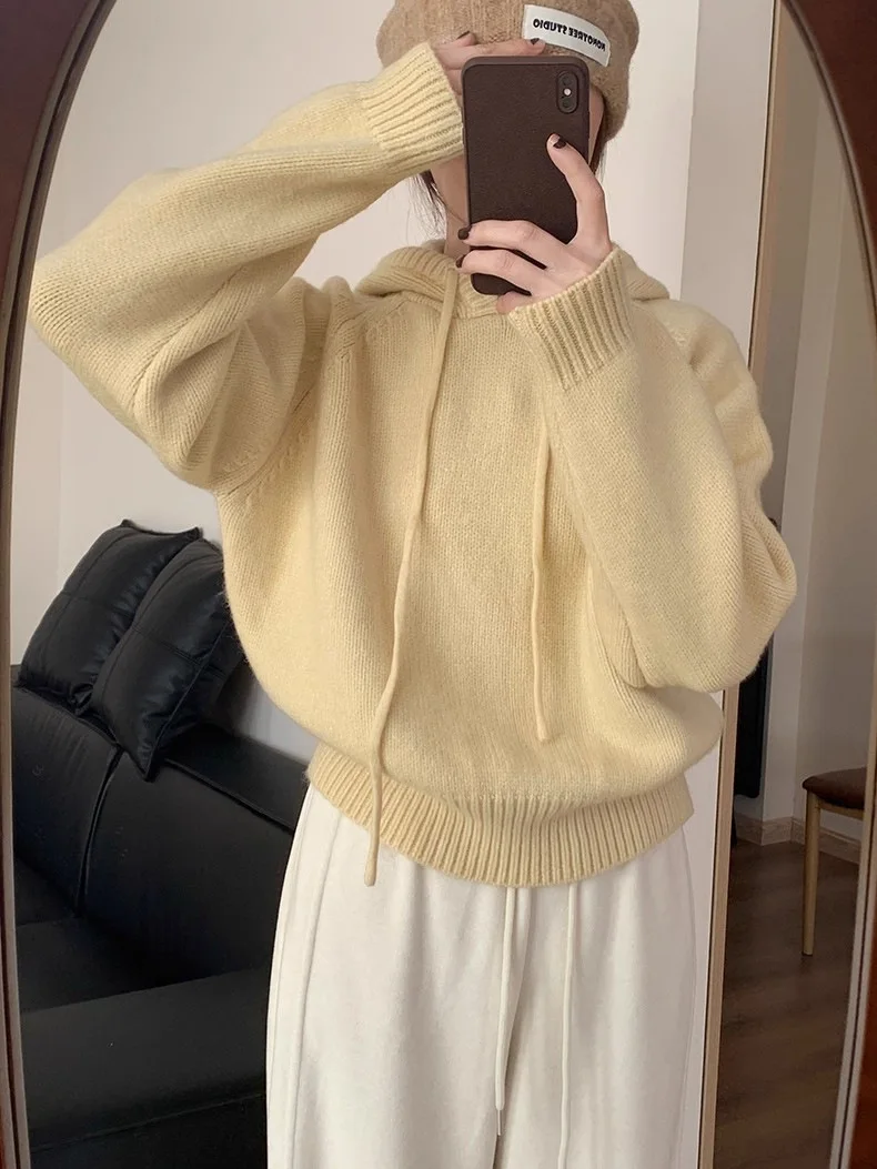 

Женская вязаная толстовка с капюшоном на шнурке — корейский свободный пуловер, свитер для легкой уличной элегантности