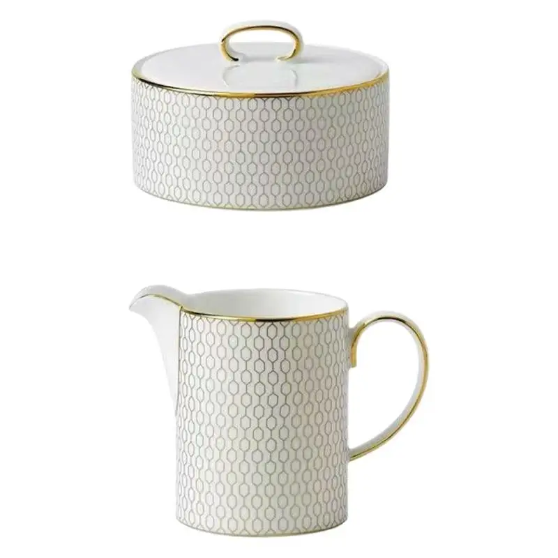 

Gold Geometry Bone China American, Platinum Geometry Afternoon Tea Coffee Cups Tea Cups Saucers, Sugar Milk Pot Teapot