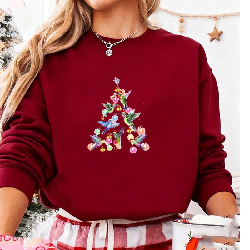 عيد ميلاد سعيد شجرة الطيور الخريف والشتاء البلوز عطلة أضواء الطرف الدفء هوديي طويلة الأكمام مطابقة هوديس