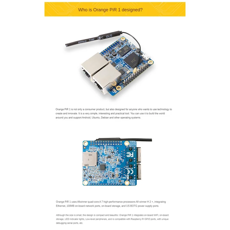 Placa de desenvolvimento para Orange Pi R1, Allwinner H2 + Cortex-A7, Quad-Core, 32 bits, porta de rede dupla, placa única