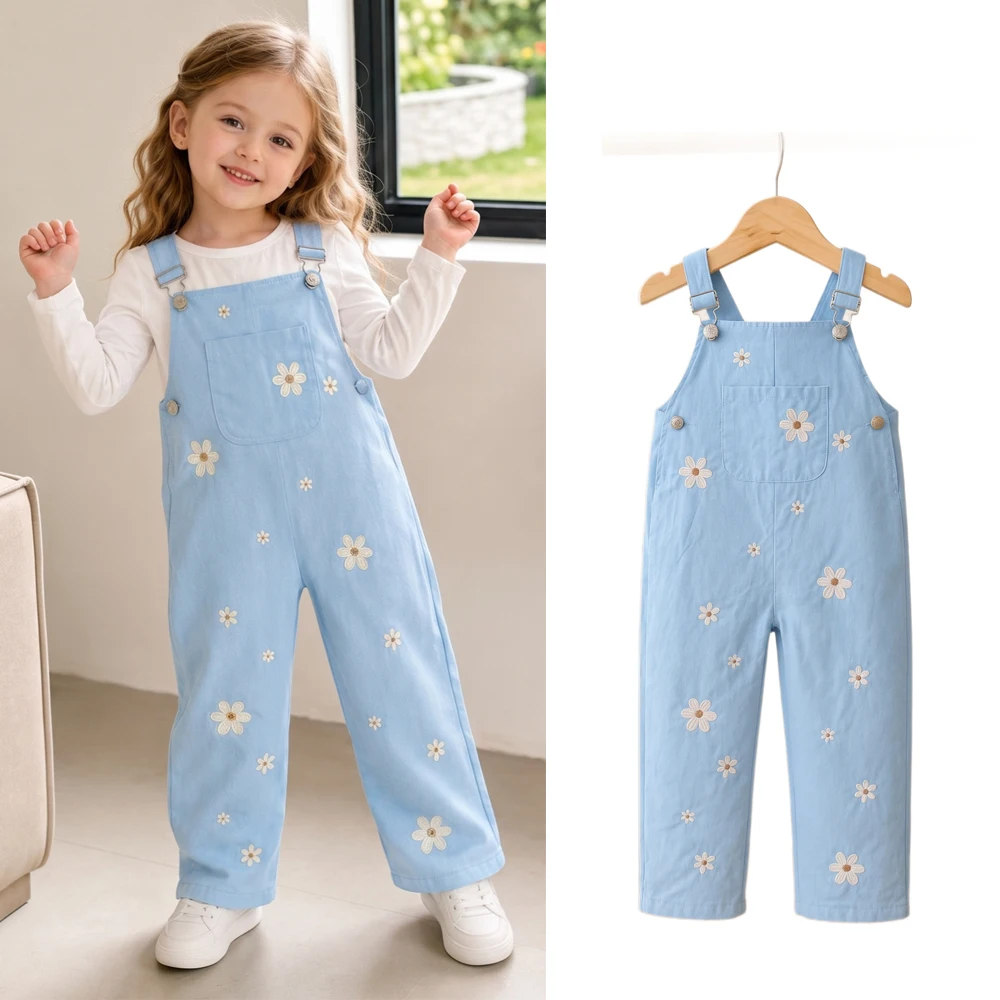 2026 new autumn girls cute flower overalls child fashion jeans denim pants