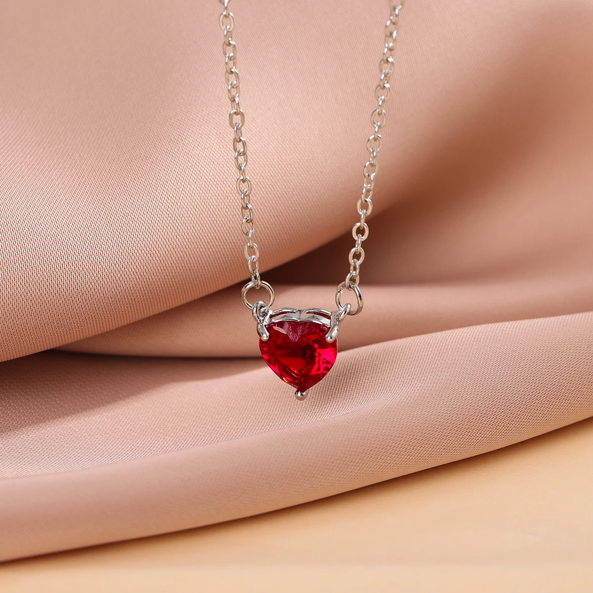 Red Peach Fashion Heart Love Crystal 925 Sterling Silver Clavicle Chain Pendant Necklaces view 5