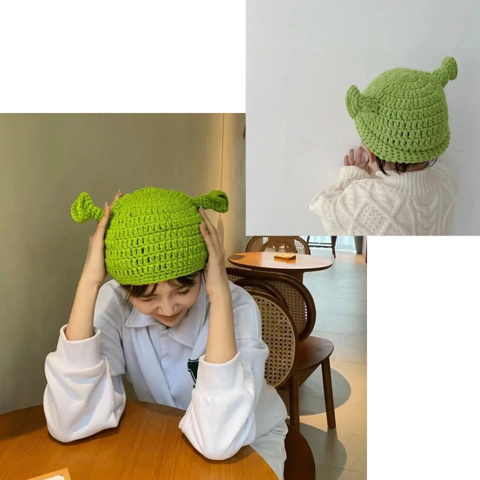 New Funny Schreck Hand Knitting Wool Adult Children Green Monster Shrek Hat Christmas Halloween Parent-child Attire Cosplay