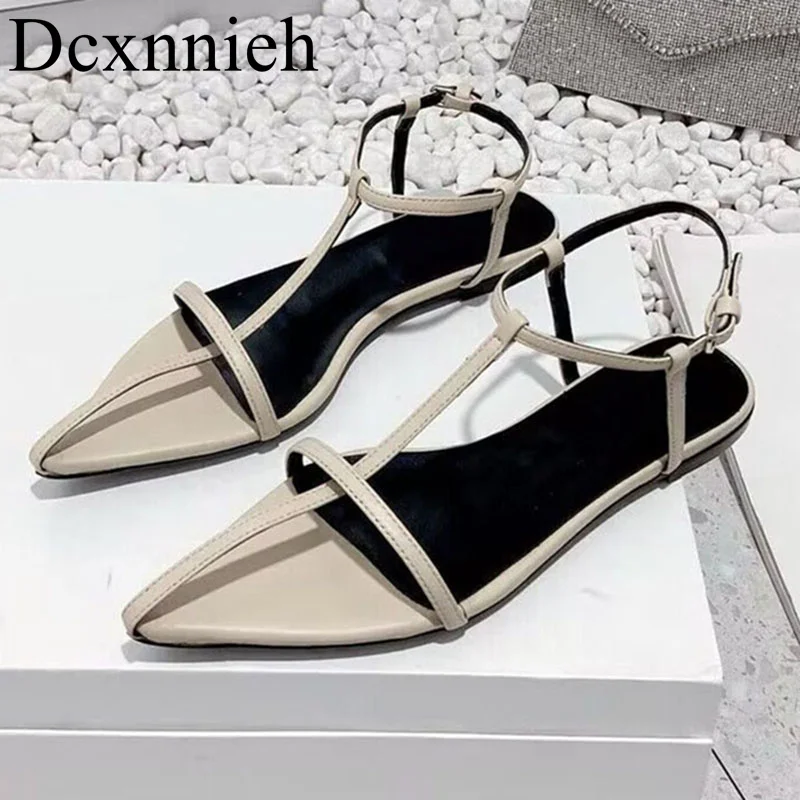 

Summer Solid Leather Narrow Band Sandals Women's Hollow Out Simple Ankle Strap Flat Bottomed Sandalias Sexy Party Dress Shoes