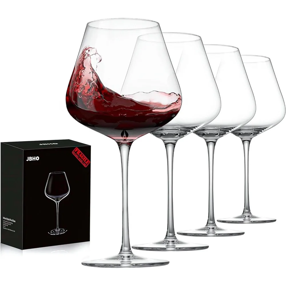 JBHO Set of 4-21 Ounce Hand Blown Italian Style Crystal Burgundy Wine Glasses-Lead-Free Premium Crystal Clear Glass-Gift-Box