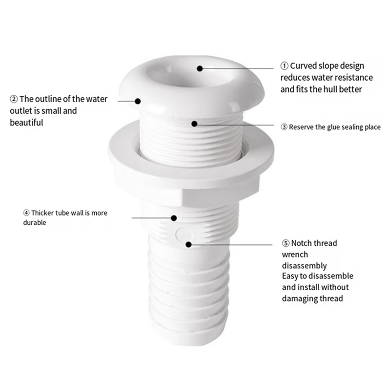 Marine Boat Thru Hull Fitting Connector For 5/8, 3/4, 1 Inch Hose Boat Drain Bilge Pump Plumbing Fittings