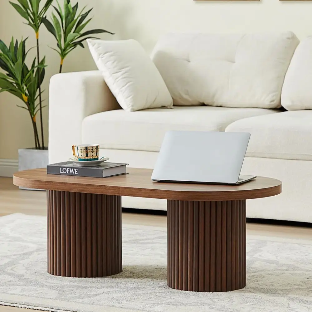 

Кофейный столик в стиле Mid-Century Modern из орехового дерева с рифленым дизайном, диаметр 19,69 дюйма x ширина 39,38 дюйма x высота 13,78 дюйма