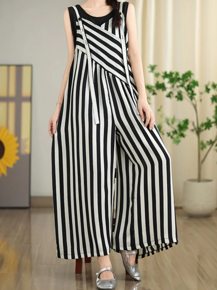 Striped Print Summer Sleeveless Slip Jumpsuit Women Loose Casual Pleated Ladies Jumpsuits Fashion Woman Wide Leg Jumpsuit