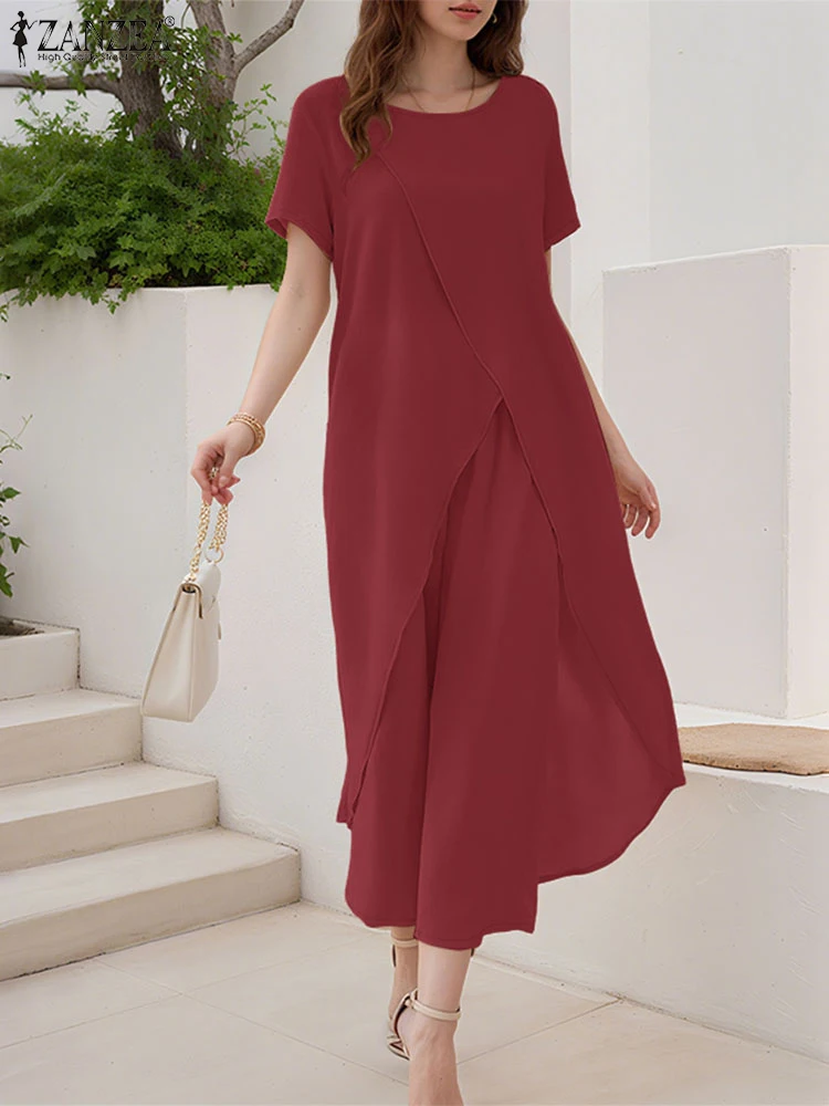 แฟชั่น 2PCS ฤดูร้อนชุด ZANZEA ผู้หญิงทํางานชุดการจับคู่ 2025 Elegant แขนสั้นยาวไม่สม่ําเสมอเสื้อกางเกงชุด OL tracksuit