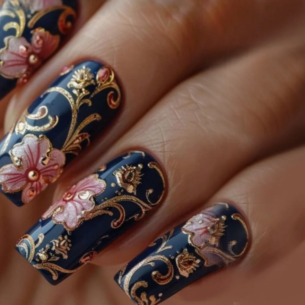 24 pièces mi-long Ballet presse sur ongles réutilisable dégradé blanc faux ongles fini avec des lignes dorées fleur conception faux ongles