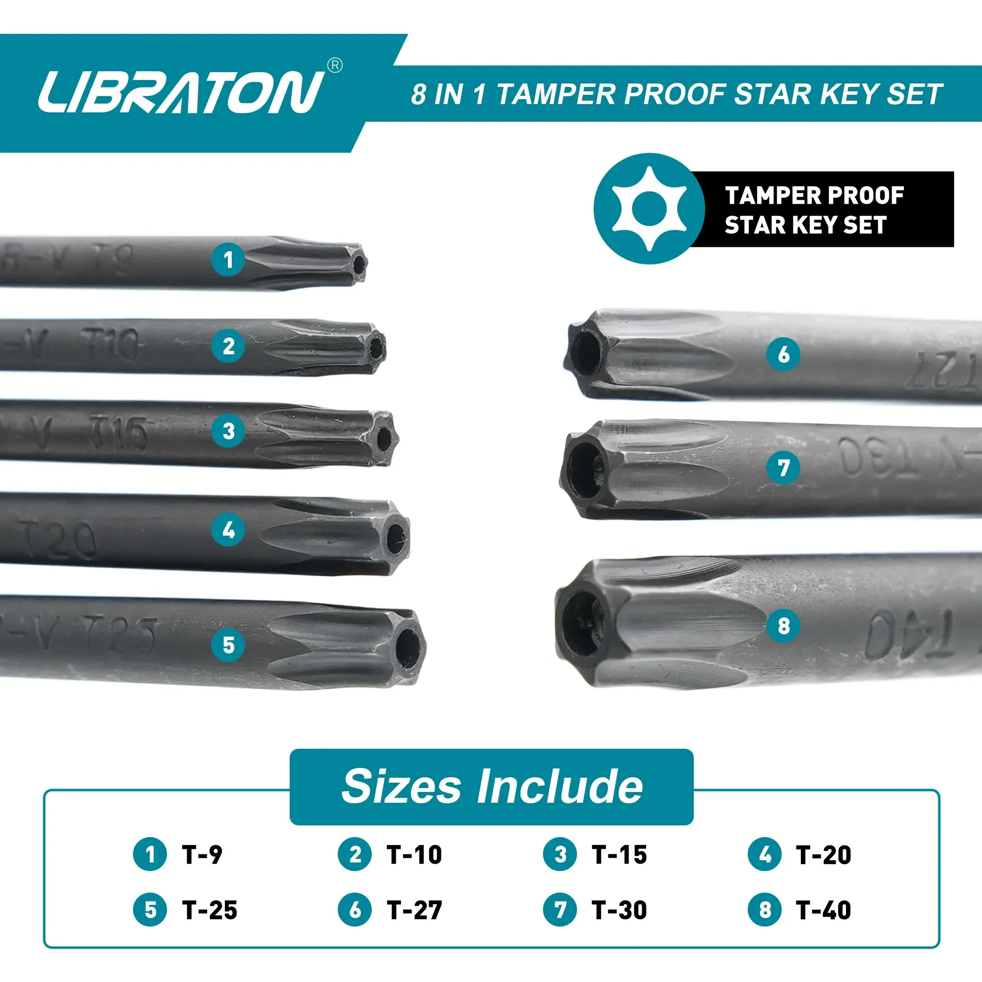 Libraton 8 in 1 Tamper Proof Star Key Set (Folding) Security Torx Key Set Sizes Include T-9 to T-40, CR-V Steel Metric