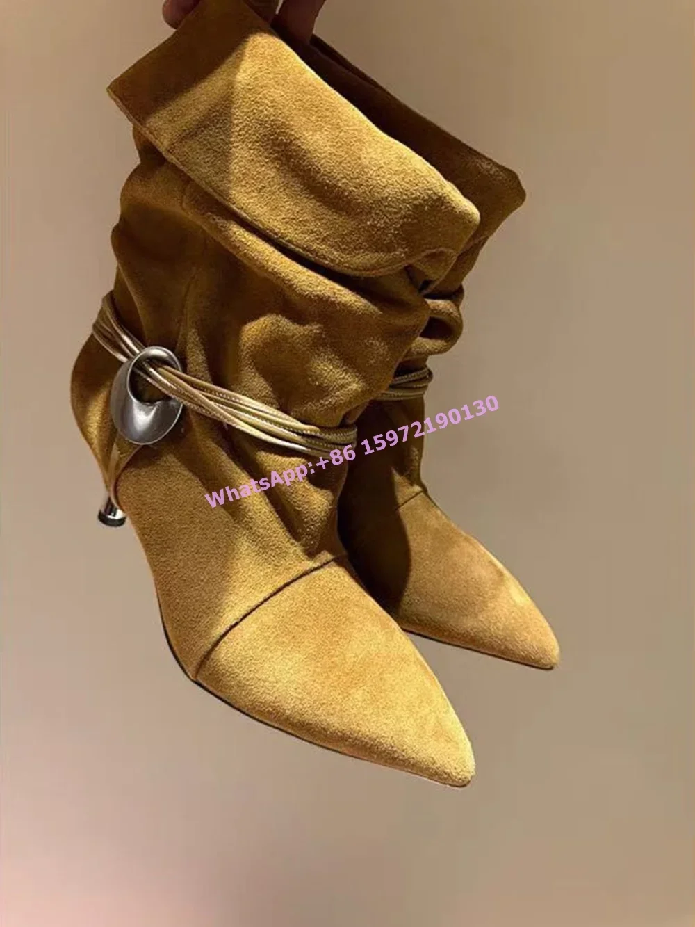 Black Leather Mid Calf Boots Metal Ring Pleated Fashion Strange Style Heels Slip On Wide Calf Boots Women's Winter Runway Shoes