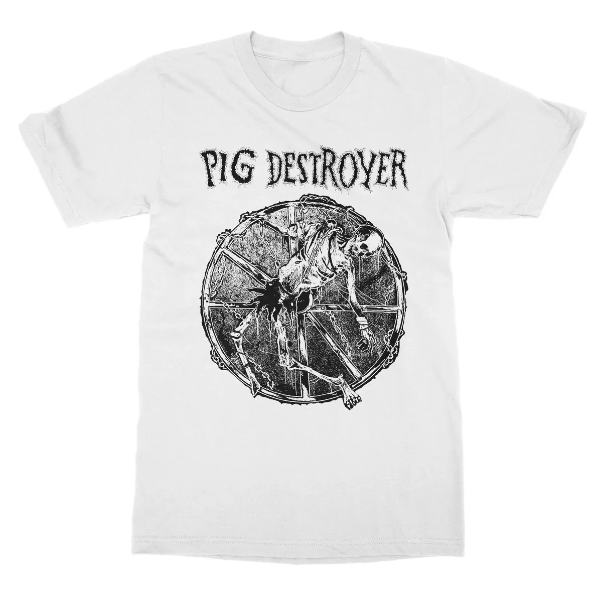 Pig Destroyer T Shirt Bold Black Line Woodcut Art Bound Skeleton Torture Wheel Thorn Chain Frame High Contrast Death