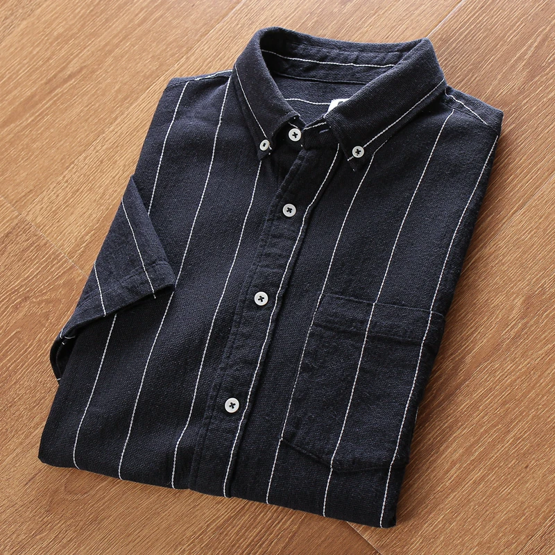 

Summer Men's Loose Artistic Linen Fabric Breathable Casual Striped Short Sleeve Linen Shirt Standard Fit Youth Popular Button up