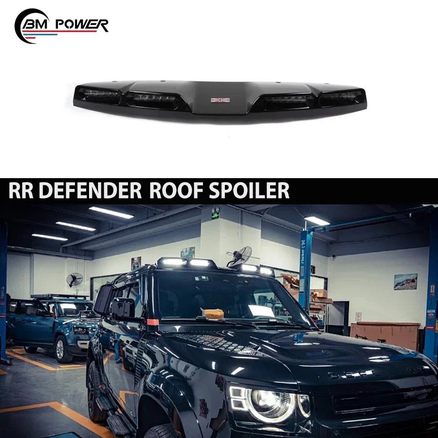 Car Front Roof Spoiler For Defender 90 110 Front Wing Carbon Fiber Spoiler With 4 LED Style Roof Spoiler Glossy Black Exterior