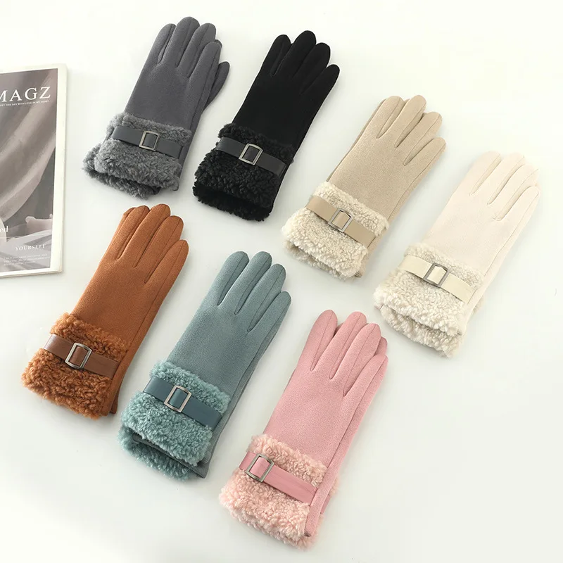 New Suede Gloves with Winter Velvet and Thick Buckle for Warmth, Outdoor Cycling and Driving, Cold Proof, Touch Screen Gloves