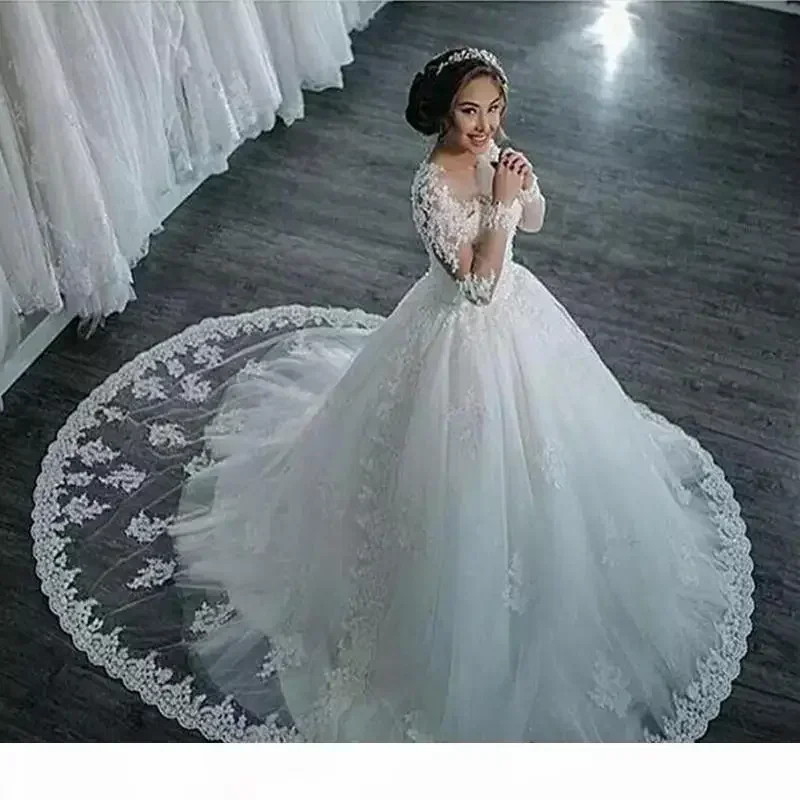 Customized Elegant Long Sleeves A-line Wedding Dresses Sheer Crew Neck Lace Appliques Cheap Vestios De Novia Bridal Gowns