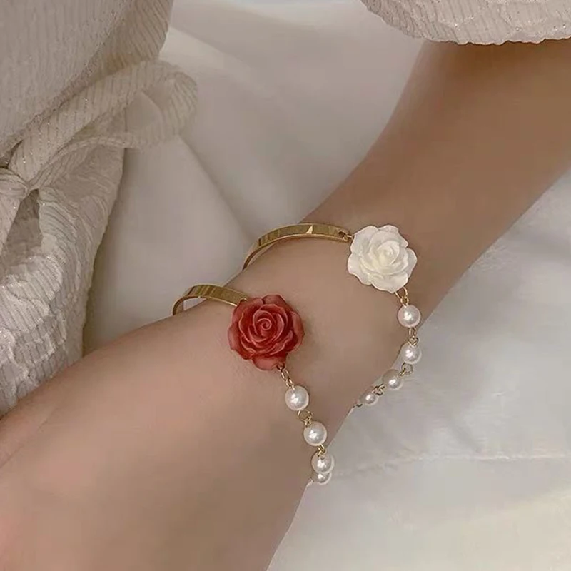 Korean Style Red Rose Imitation Pearl Bracelet For Women Light Luxury Flower Butterfly Adjustable Cuff Bracelet Wedding Jewelry