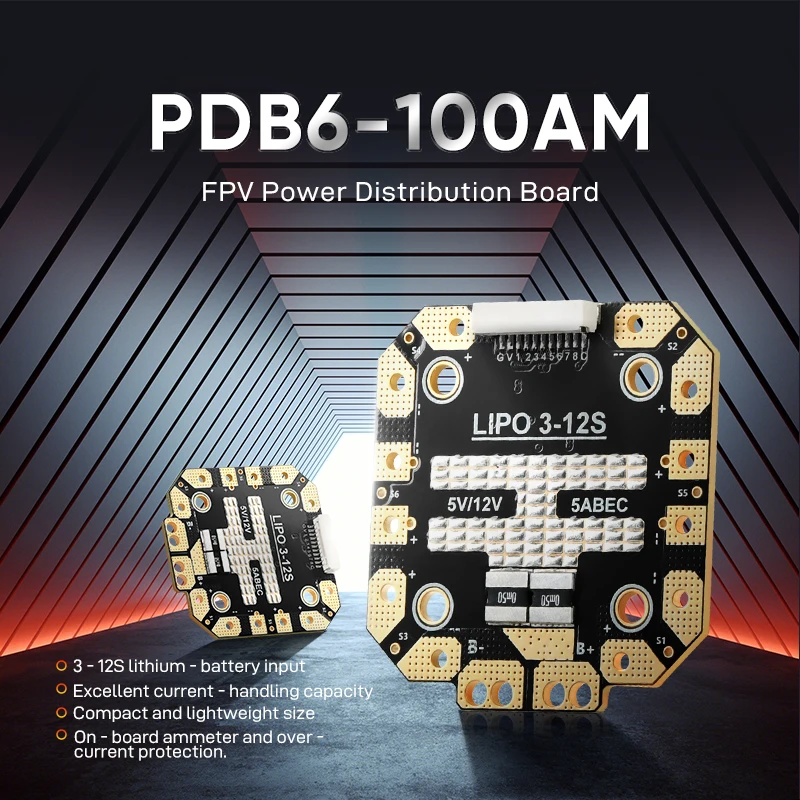 Placa de distribuição de energia robusta PDB6-100AM com suporte para bateria LiPo 3-12S apresenta um amperímetro integrado BEC (5V/3A e 12V/3A)