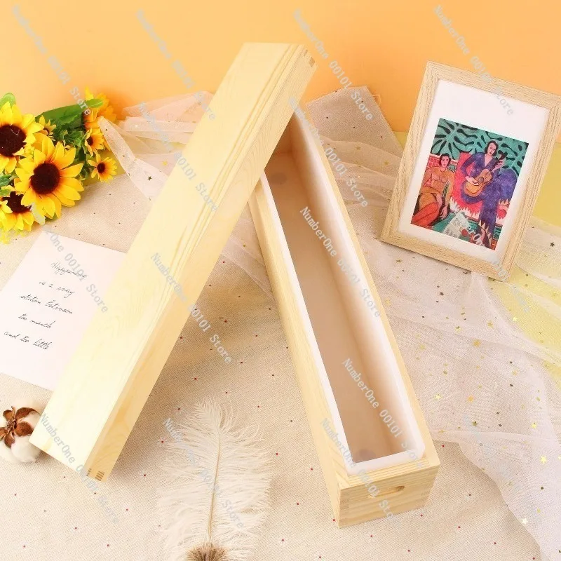 Narrow Wooden Soap Mold Silicone Flexible Rectangular, DIY Handmade Soap Making Tool with Wood Box for Cold Process