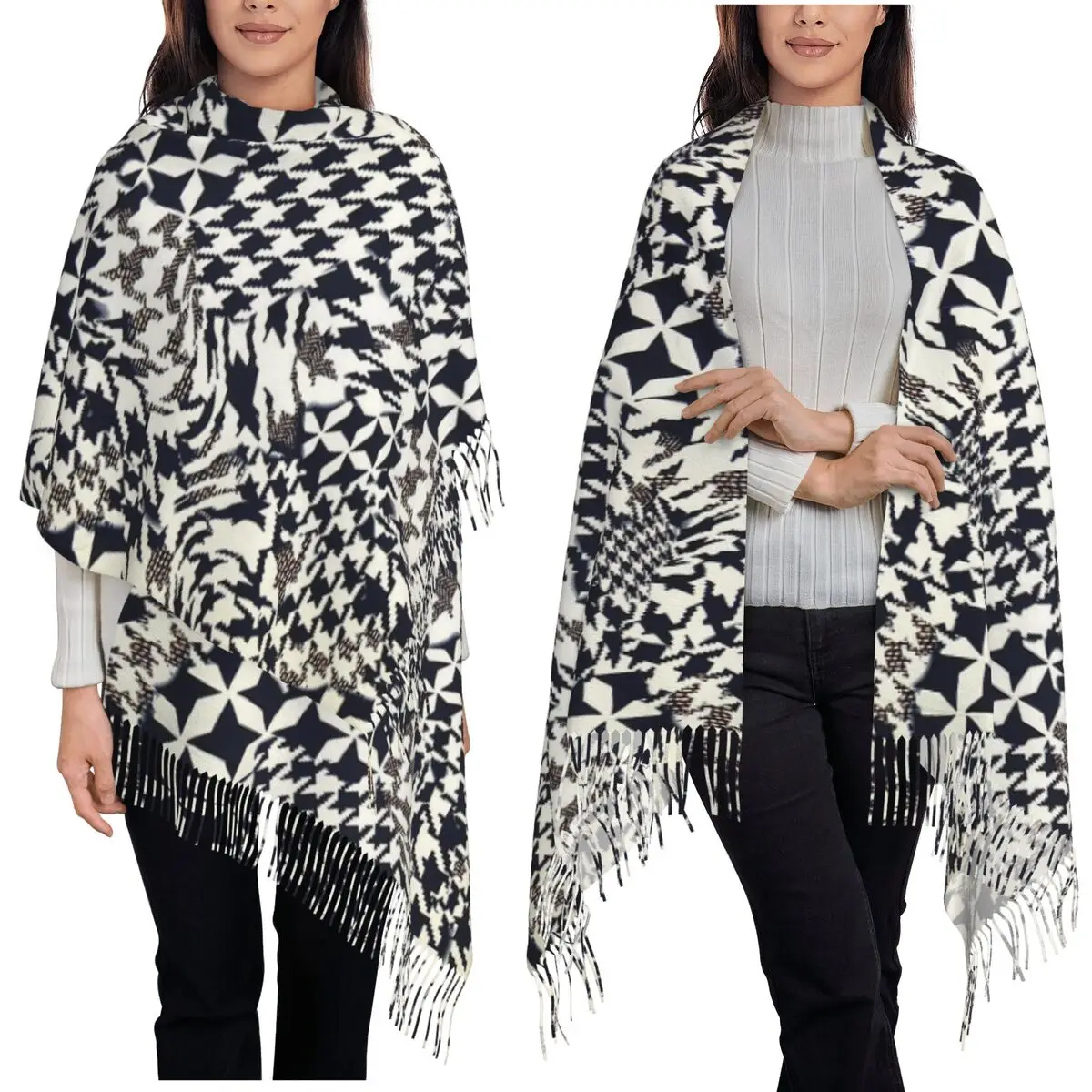 

Классический ретро-шарф с рисунком «гусиные лапки», шарфы с кисточками, женские мягкие теплые шали и накидки, большая осенне-зимняя шаль