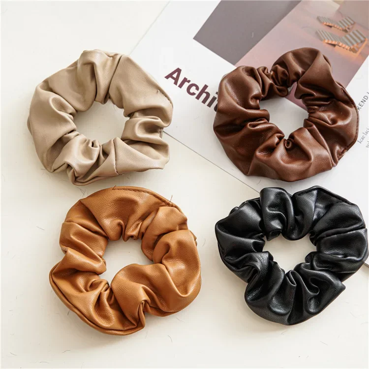 2023 Fashion Leather Scrunchies Solid Red Rubber Bands for Women Girls Korean Elastic Hair Bands Ponytail Hold Hair Accessories