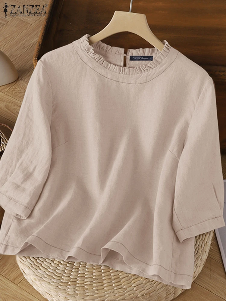 

2025 ZANZEA Women Autumn 3/4 Sleeve Solid Blouses Casual O Neck Blusas Loose Work Shirt Female Tunic Tops Mujer Oversize Chemise