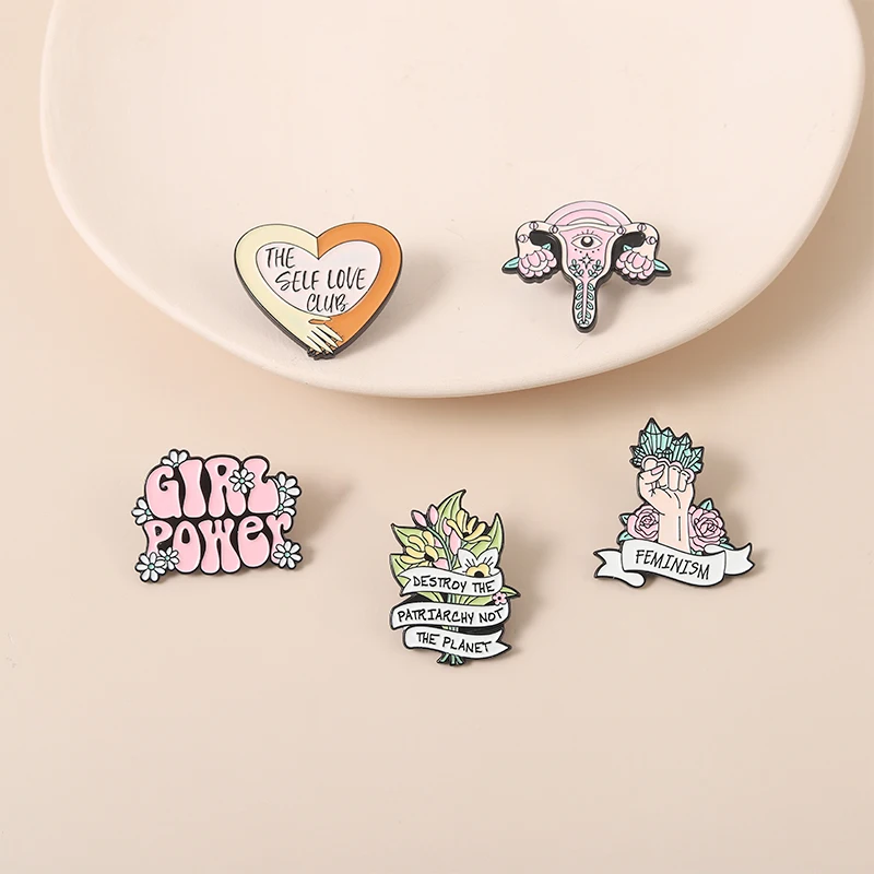 Girl Power Enamel Pins Custom Self Love Club Uterus Brooches Lapel Badges Feminism Fist Jewelry Gift for Women Friends