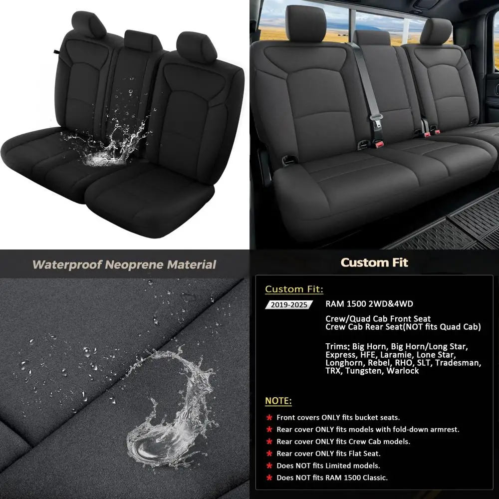 

GIANT PANDA Водонепроницаемые неопреновые чехлы на заднее сиденье для Ram 1500 (2019-2025) Crew & Quad Cab, подходят на заказ Big Horn, Laramie, Tradesma