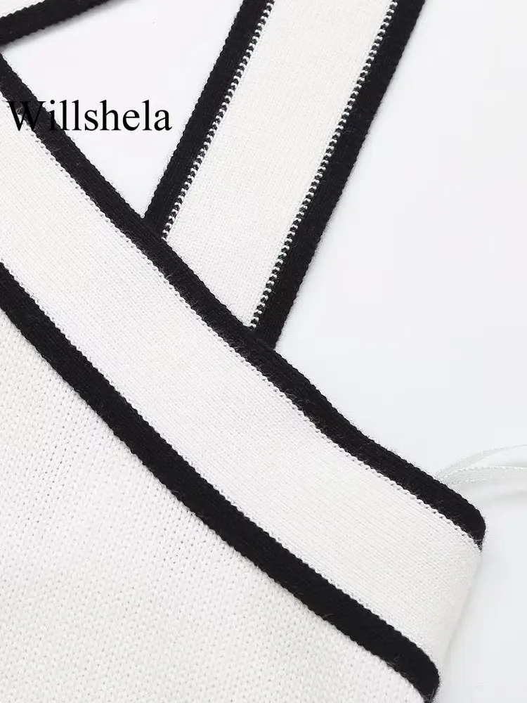 Willshela Women Fashion Patchwork Backless Tank Tops Vintage V-Neck Cross Straps Female Chic Lady Vest Top